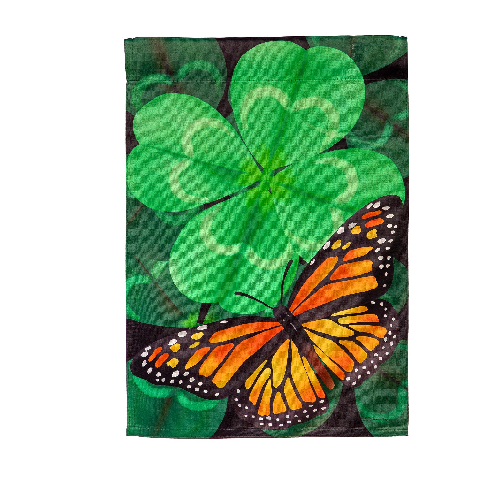 Butterfly Clover Suede Garden Flag green clover with orange butterfly on dark by Evergreen on Tampa Home & Garden Store