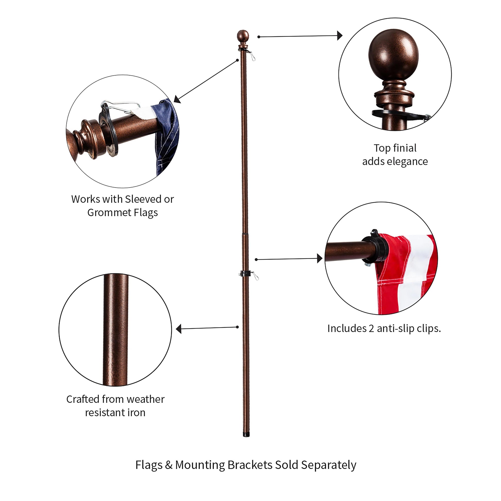 Extendable bronze flag pole by Evergreen Enterprises with finial; sleeve/grommet flags on Tampa Home & Garden Store