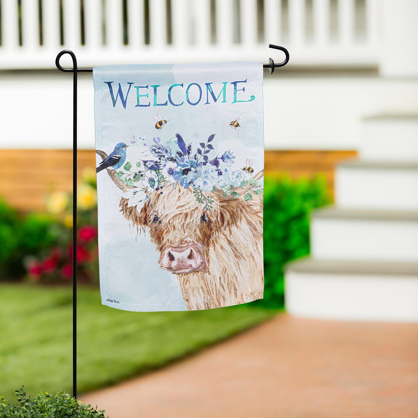 Hillside Pasture Floral Cow Suede Garden Flag with light blue Welcome and floral cow motif on Tampa Home & Garden Store