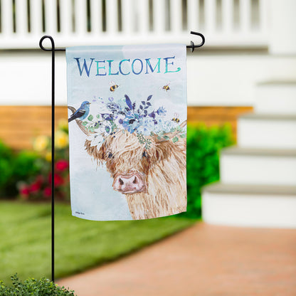 Hillside Pasture Floral Cow Suede Garden Flag with light blue Welcome and floral cow motif on Tampa Home & Garden Store