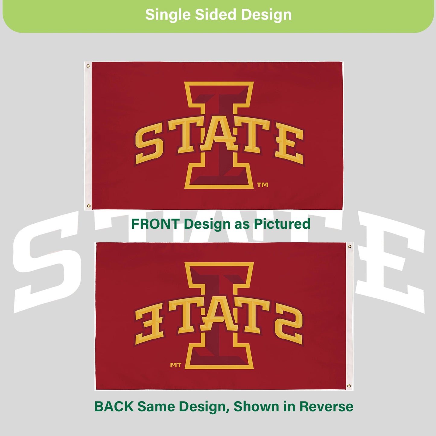 Iowa State University 3x5 single-sided estate flag with 2 grommets, red field and gold ISU logo on Tampa Home & Garden Store