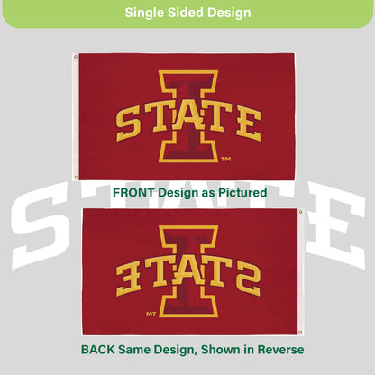 Iowa State University 3x5 single-sided estate flag with 2 grommets, red field and gold ISU logo on Tampa Home & Garden Store