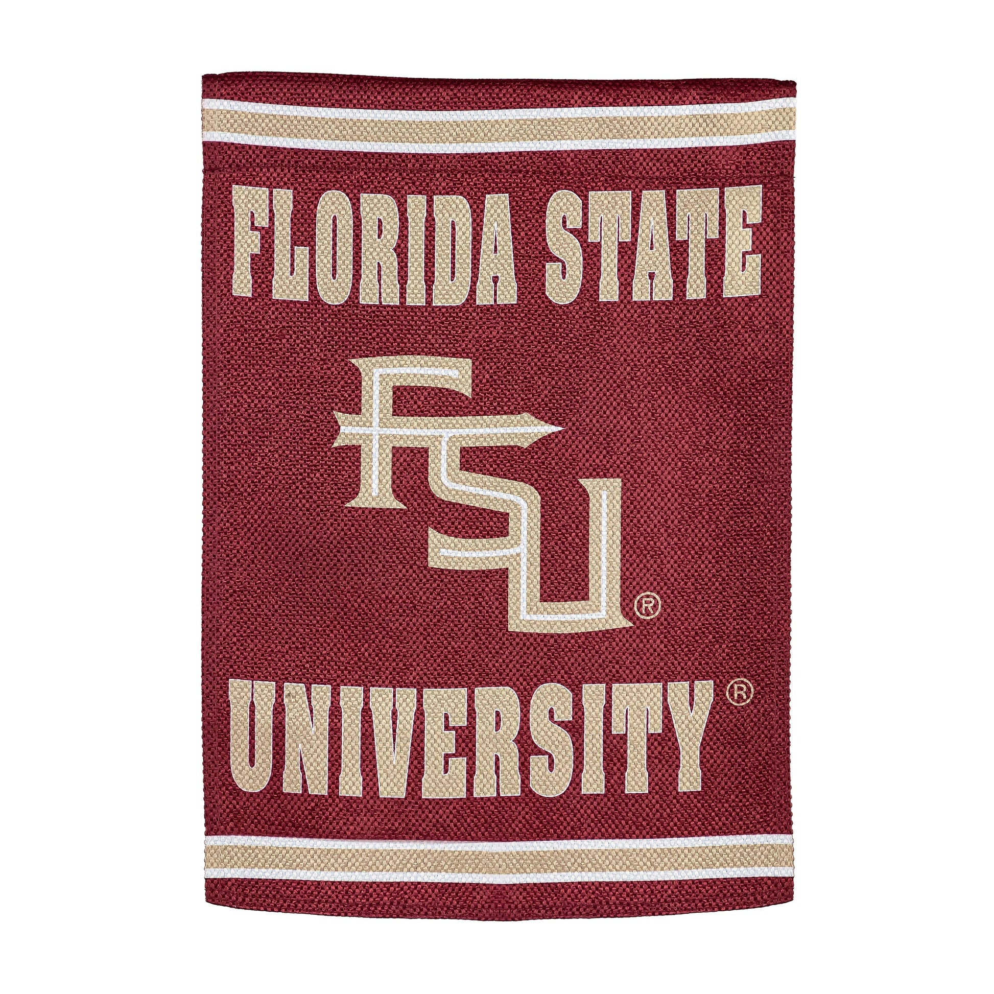 Embossed suede Florida State University flag, house size, maroon with gold lettering on Tampa Home & Garden Store