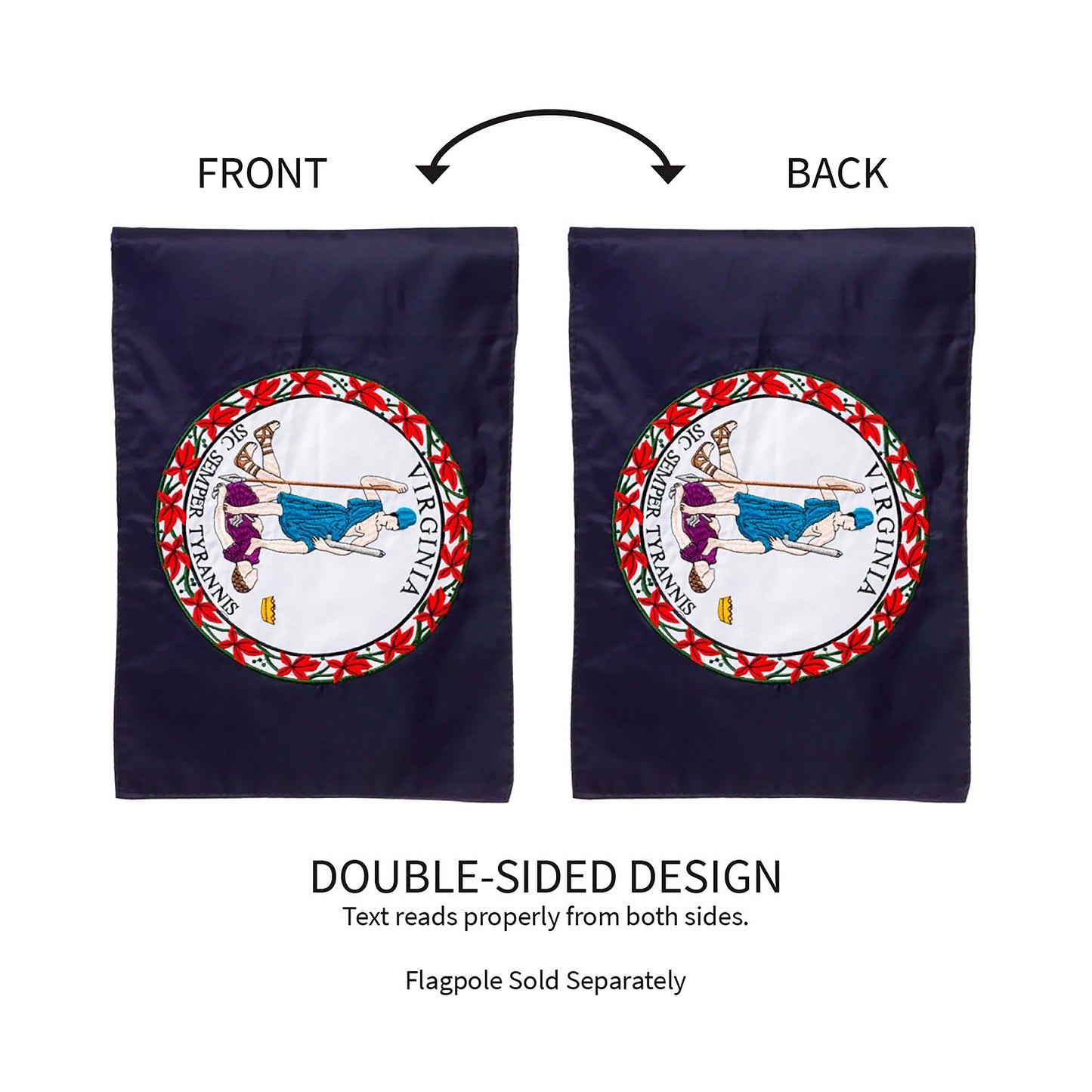 Two navy Virginia State Flag applique flags with circular seal, double-sided design on Tampa Home & Garden Store