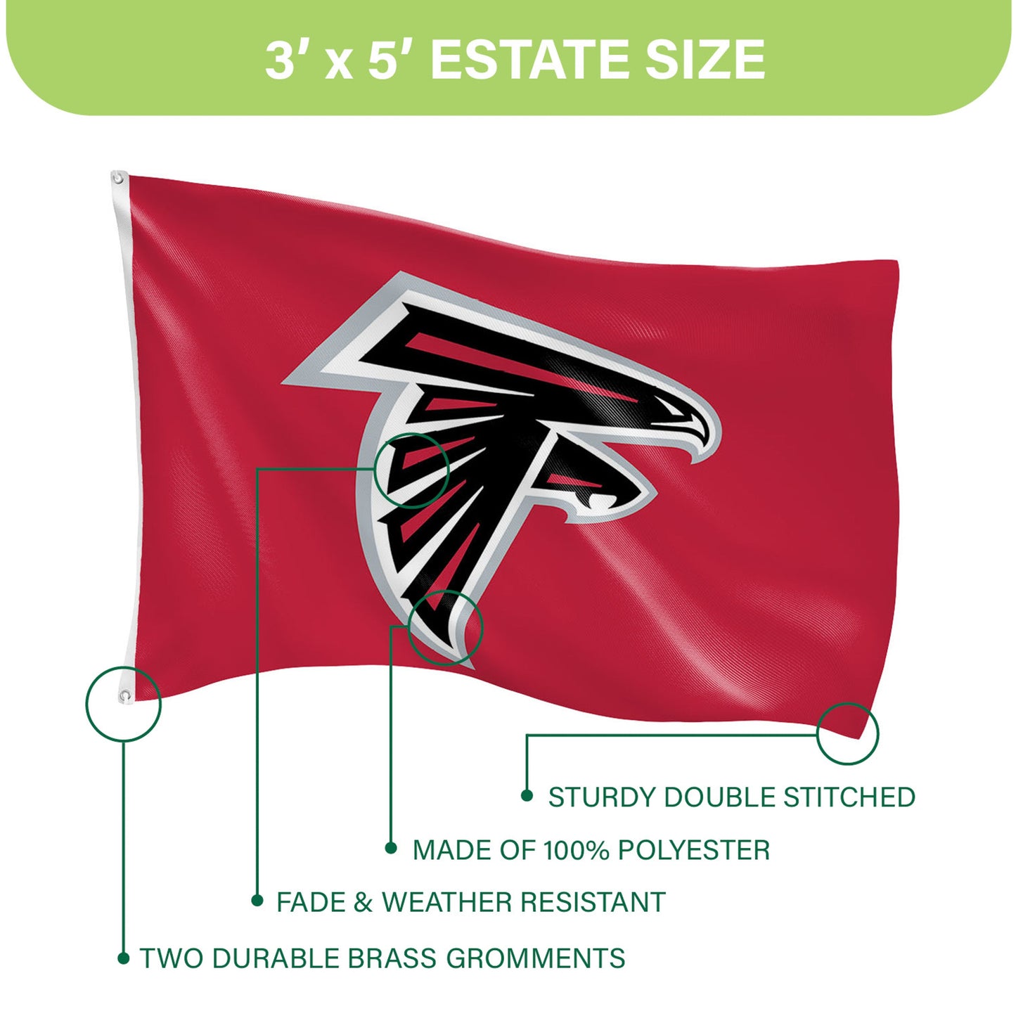 Atlanta Falcons Single-Sided Flag w/ 2 Grommets, 3'x5' red polyester flag with Falcons logo on Tampa Home & Garden Store