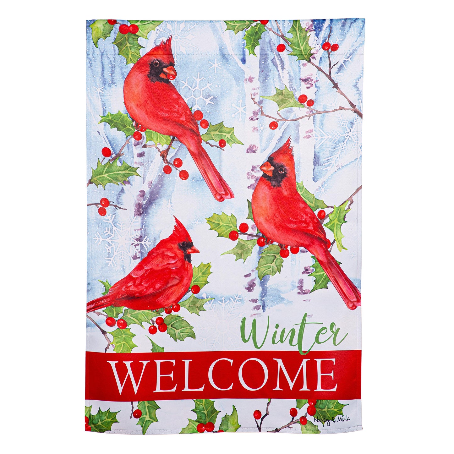 Winter Visit Suede House Flag red cardinals among holly on blue background with Welcome text on Tampa Home & Garden Store