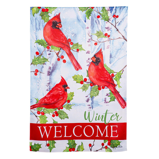 Winter Visit Suede House Flag red cardinals among holly on blue background with Welcome text on Tampa Home & Garden Store