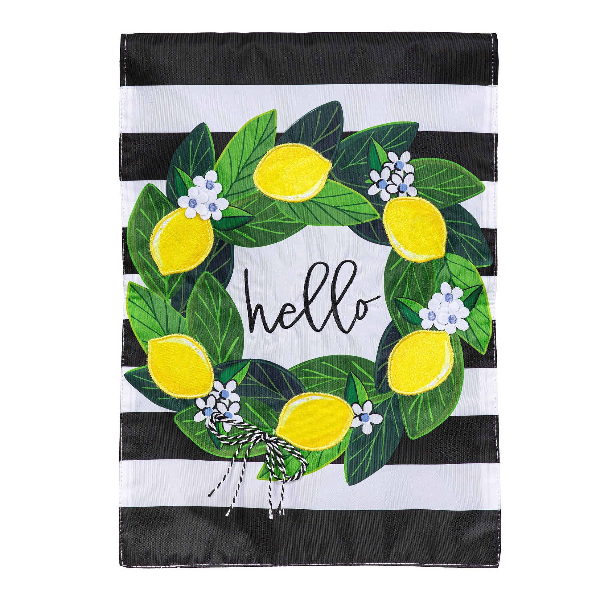 Magnolia Leaves and Lemon Applique Garden Flag black white stripes with lemon leaves motif on Tampa Home & Garden Store