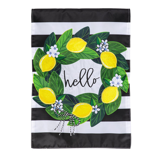 Magnolia Leaves and Lemon Applique Garden Flag black white stripes with lemon leaves motif on Tampa Home & Garden Store