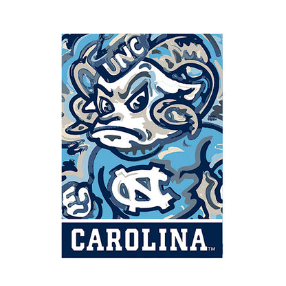 Suede flag University of North Carolina with abstract blue beige artwork and UNC lettering on Tampa Home & Garden Store