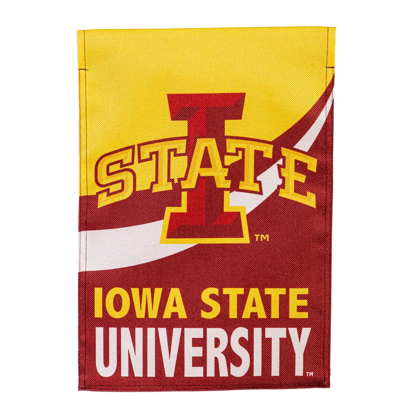 Iowa State University burlap flag with bold yellow letters on maroon backdrop, GDN size on Tampa Home & Garden Store