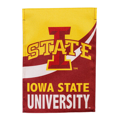 Iowa State University burlap flag with bold yellow letters on maroon backdrop, GDN size on Tampa Home & Garden Store