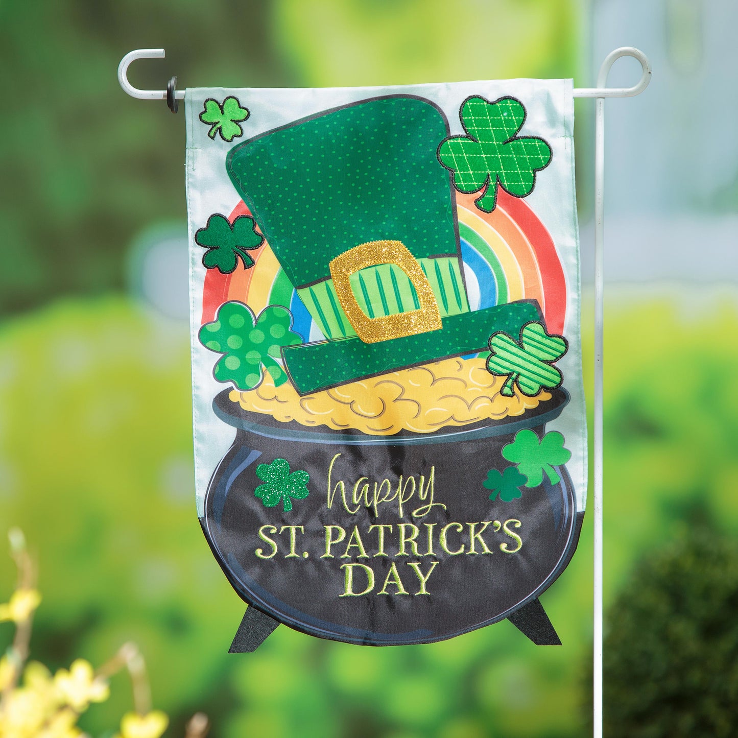 End of the Rainbow Applique Garden Flag with shamrocks, green hat, and rainbow arch on Tampa Home & Garden Store