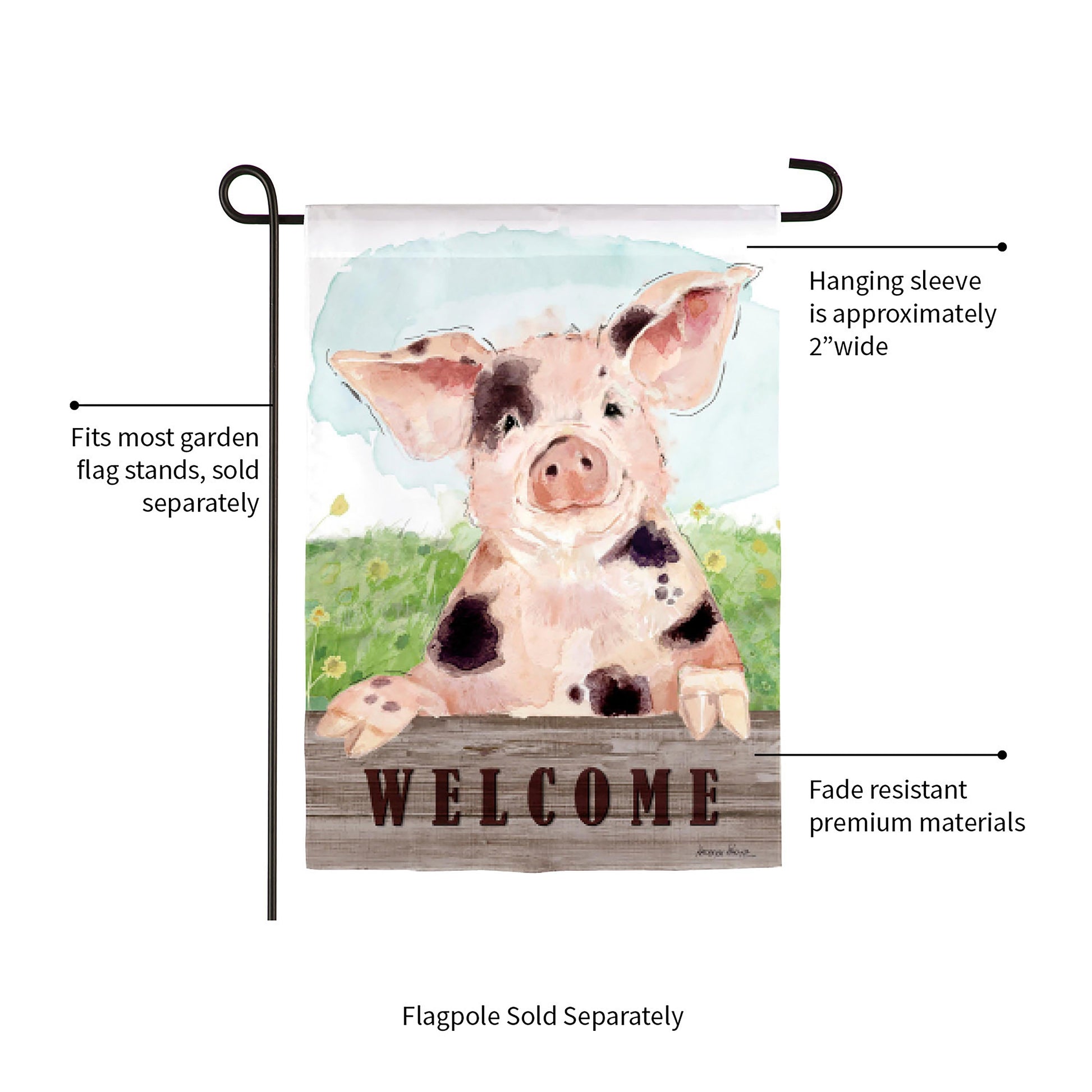 Spotted Pig Garden Suede Flag by Evergreen Enterprises, watercolor pig on welcome sign on Tampa Home & Garden Store