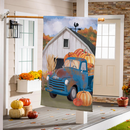 Barns & Harvest Suede House Flag by Evergreen Enterprises, blue truck design with pumpkins and autumn foliage on Tampa Home & Garden Store