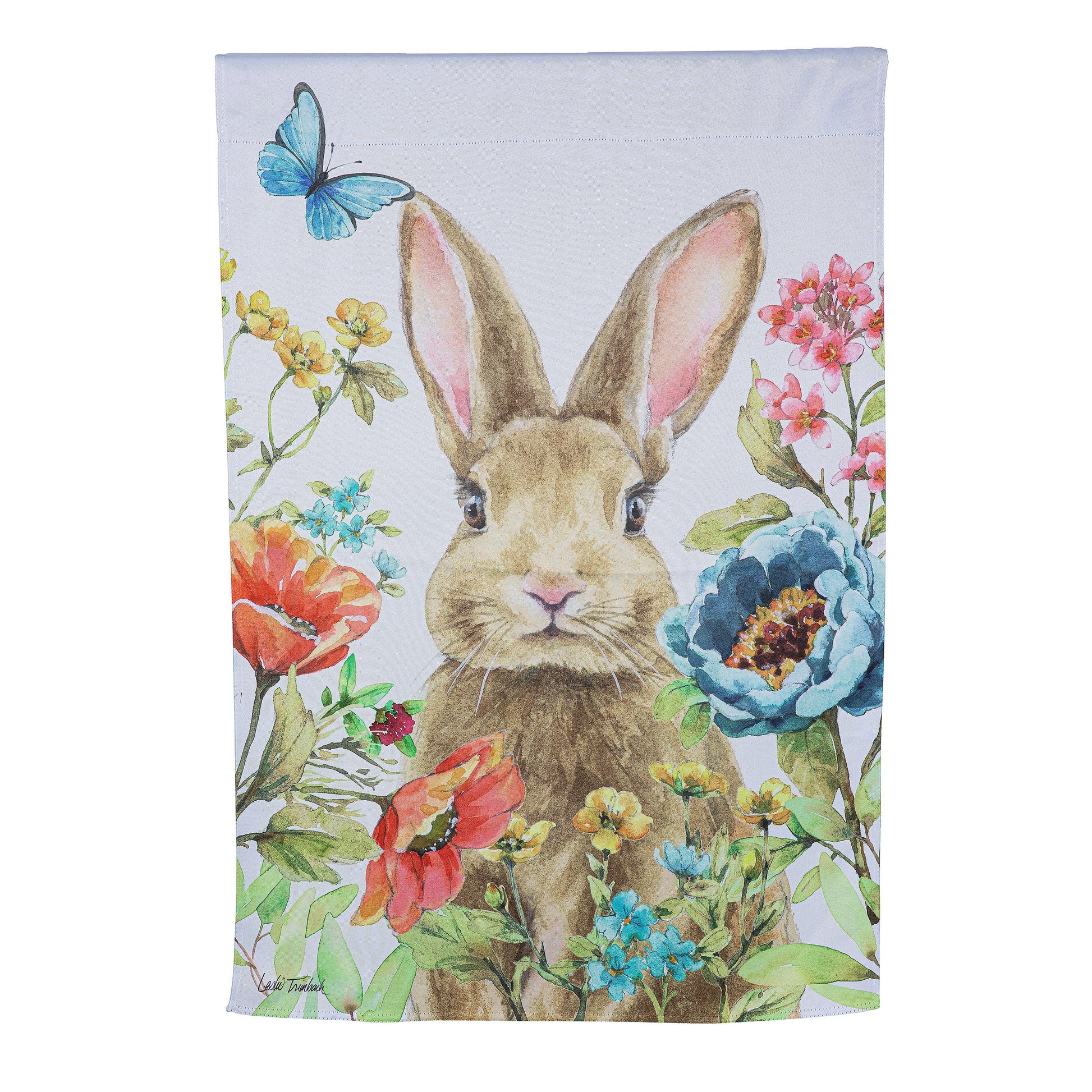 Garden Bunnies Suede House Flag lavender backdrop with bunny ears flowers and blue butterfly on Tampa Home & Garden Store