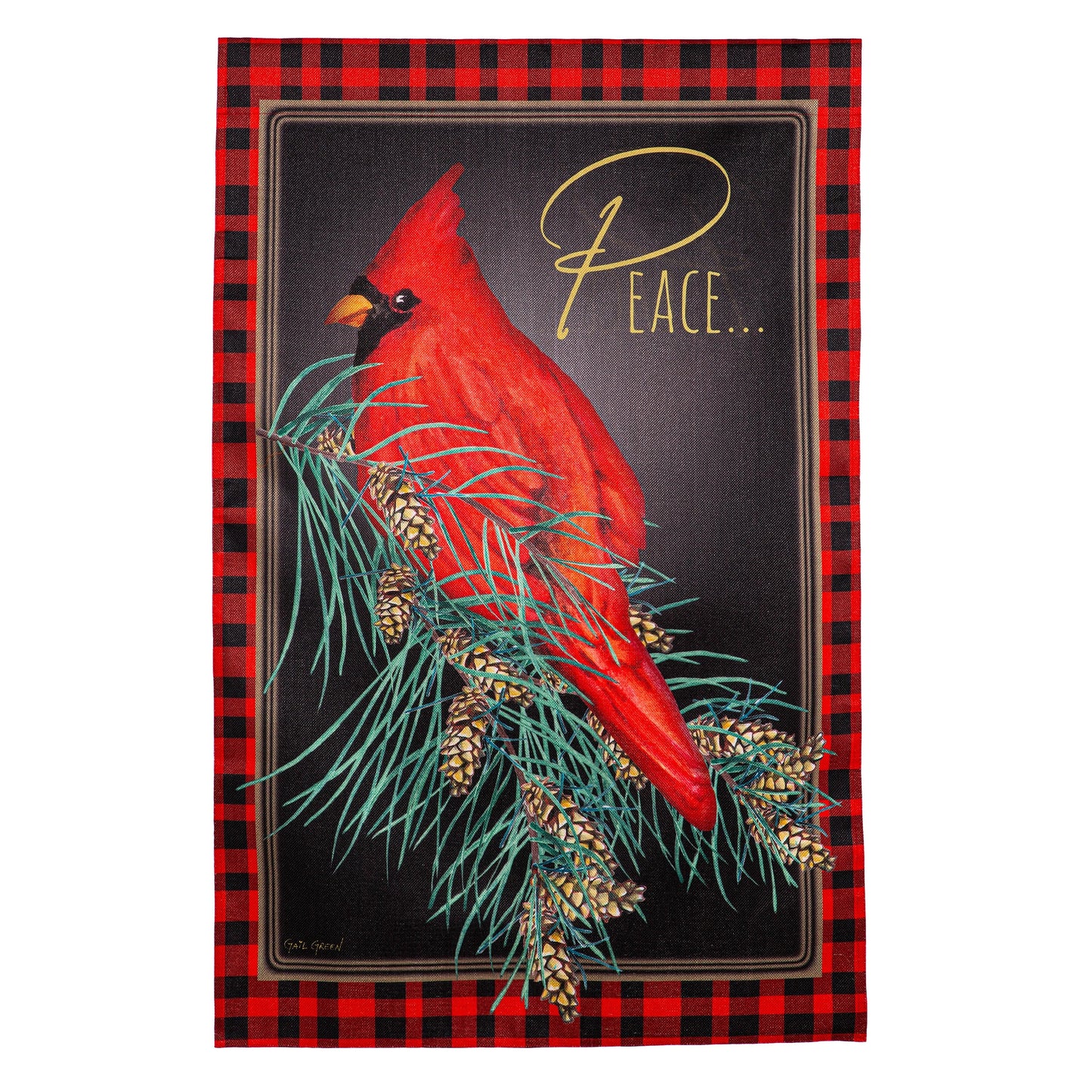 Cardinal Peace Burlap House Flag with red cardinal on backdrop and pinecones, plaid border on Tampa Home & Garden Store