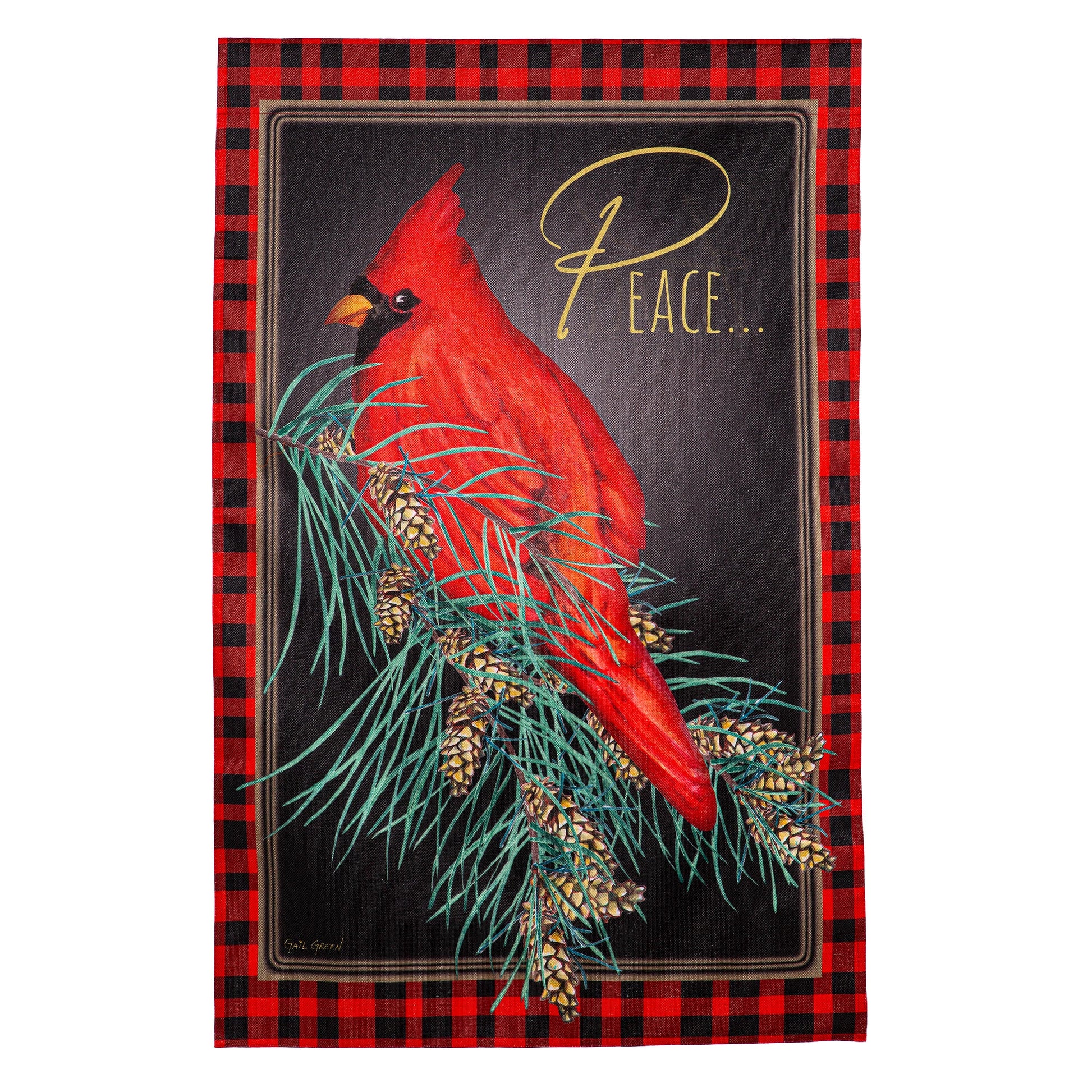 Cardinal Peace Burlap House Flag with red cardinal on backdrop and pinecones, plaid border on Tampa Home & Garden Store