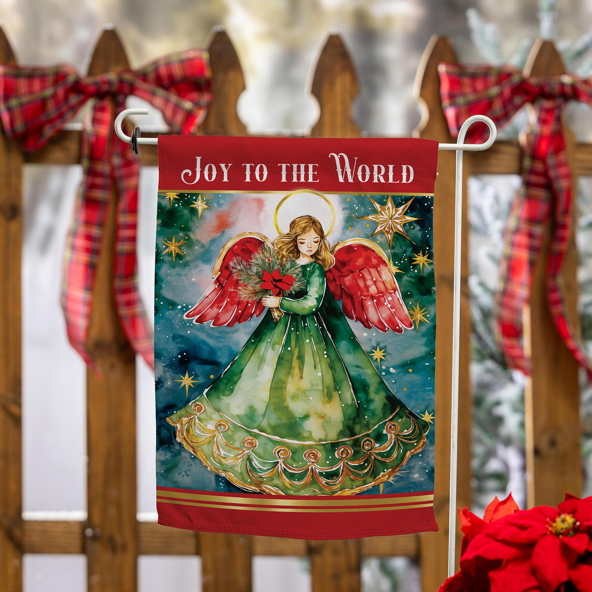 Joy To The World Angel Suede Garden Flag with angel motif and red header text on metal stand on Tampa Home & Garden Store