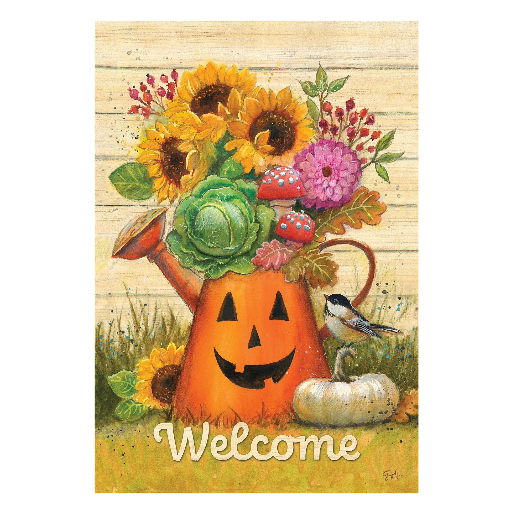 Halloween Watering Can Suede House Flag with pumpkin vase and sunflowers on Tampa Home & Garden Store