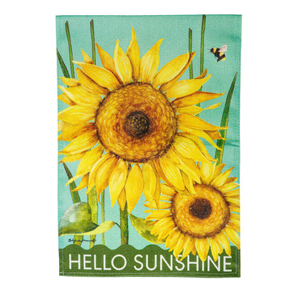 Hello Sunshine Burlap Garden Flag featuring a bright sunflower on turquoise fabric on Tampa Home & Garden Store