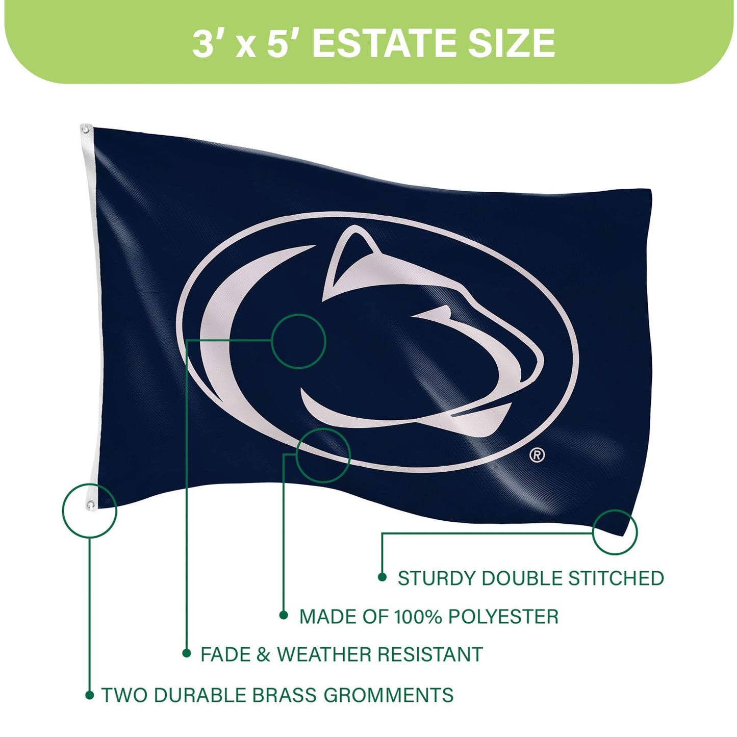 Penn State single-sided flag navy polyester 3x5, 2 brass grommets Evergreen Enterprises on Tampa Home & Garden Store