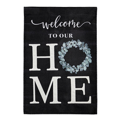 Eucalyptus Welcome Garden Burlap Flag burlap with white script Welcome and eucalyptus wreath on Tampa Home & Garden Store