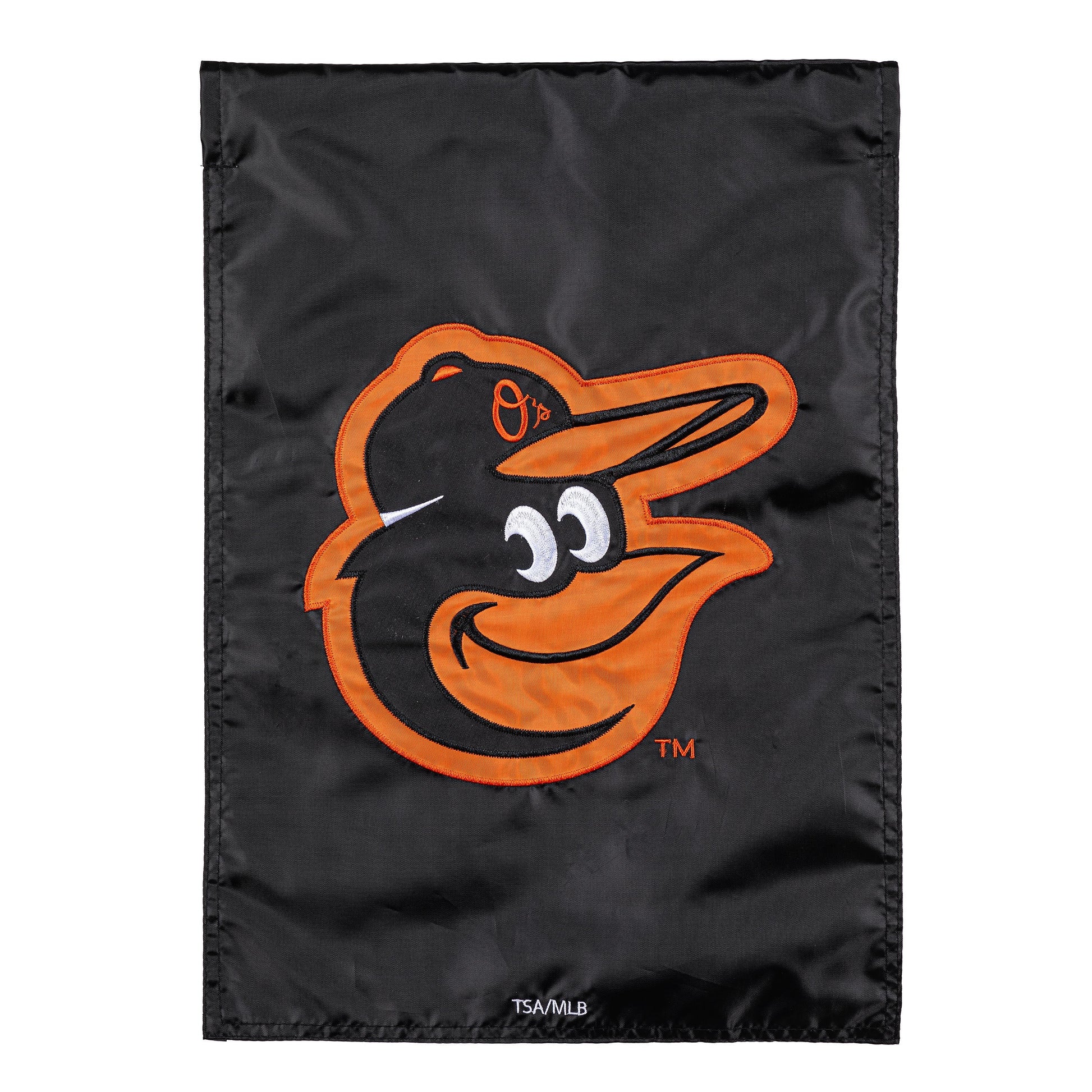 Baltimore Orioles applique flag on black fabric with bird emblem, TSA/MLB branding visible on Tampa Home & Garden Store