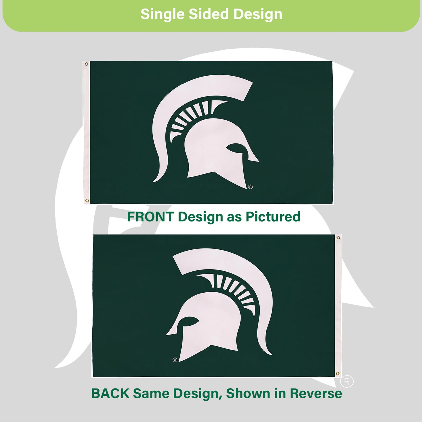 Michigan State University 3x5 Single Sided Flag, MSU Spartan helmet, 2 left grommets on Tampa Home & Garden Store