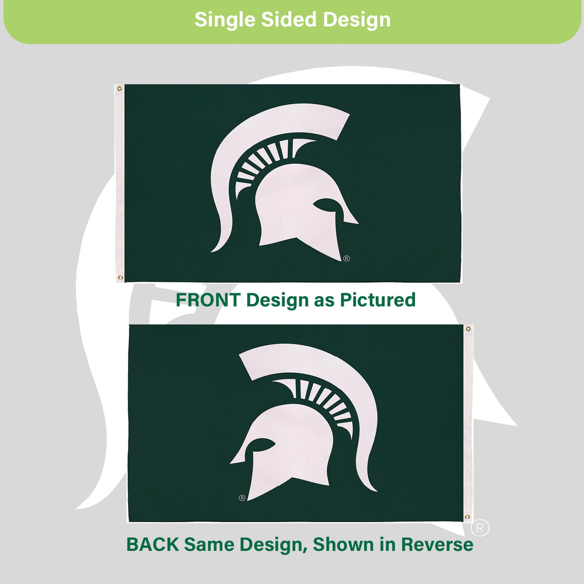 Michigan State University 3x5 Single Sided Flag, MSU Spartan helmet, 2 left grommets on Tampa Home & Garden Store