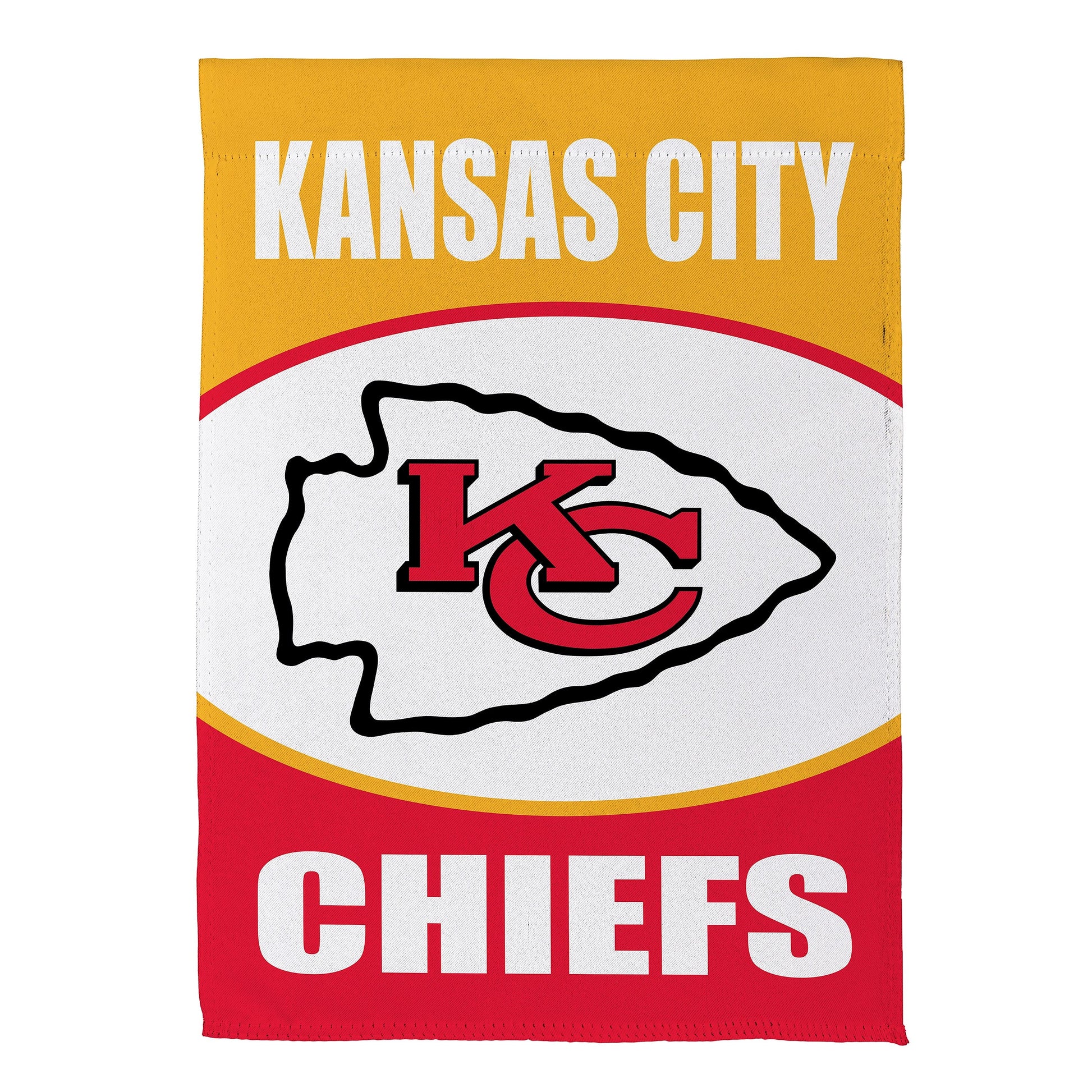 Kansas City Chiefs suede garden flag with large KC logo on a gold banner and red section on Tampa Home & Garden Store