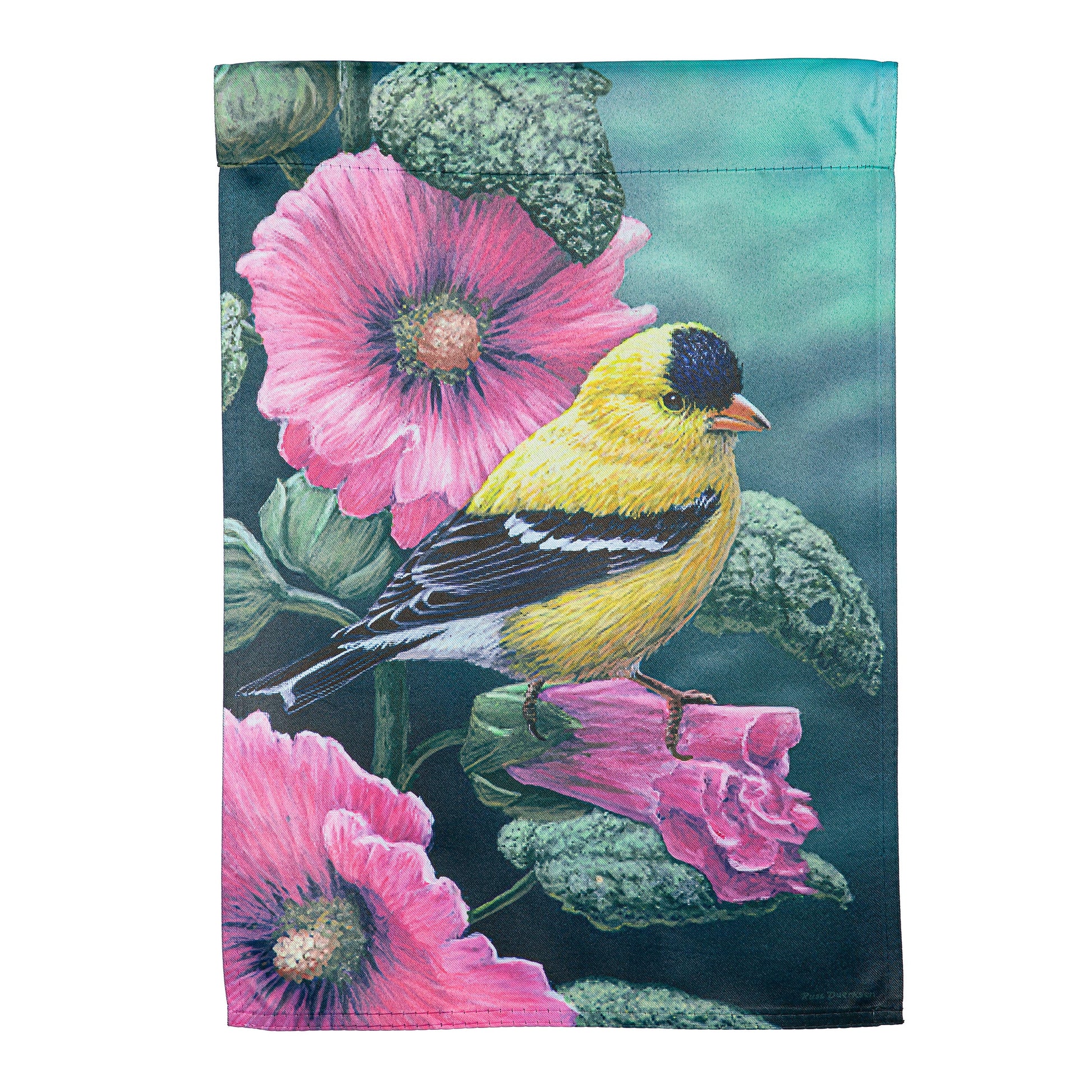 Goldfinch on Hollyhocks Suede Garden Flag pink hollyhocks and yellow goldfinch on Tampa Home & Garden Store