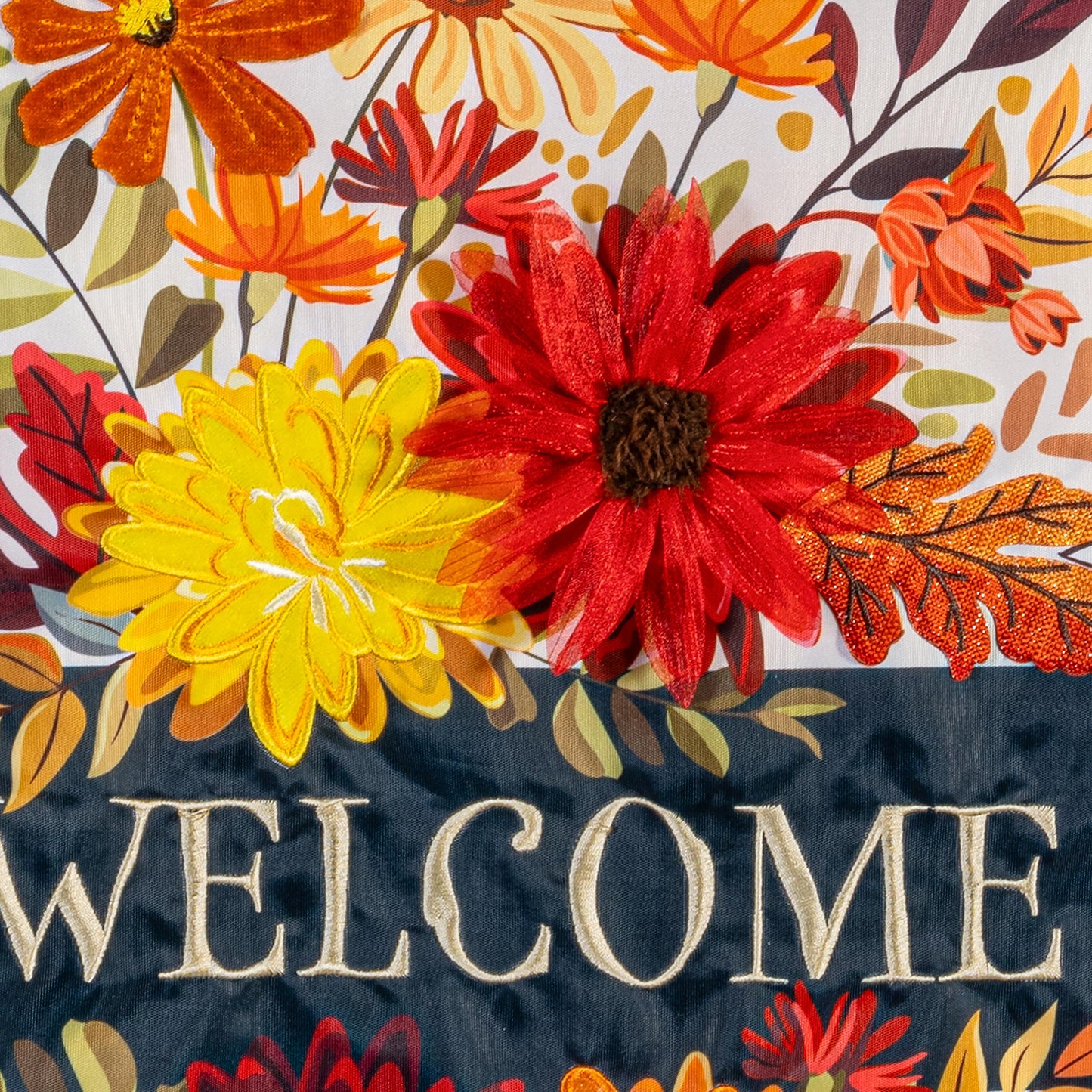 Fall floral applique house flag with yellow, orange, and red petals on dark blue background on Tampa Home & Garden Store