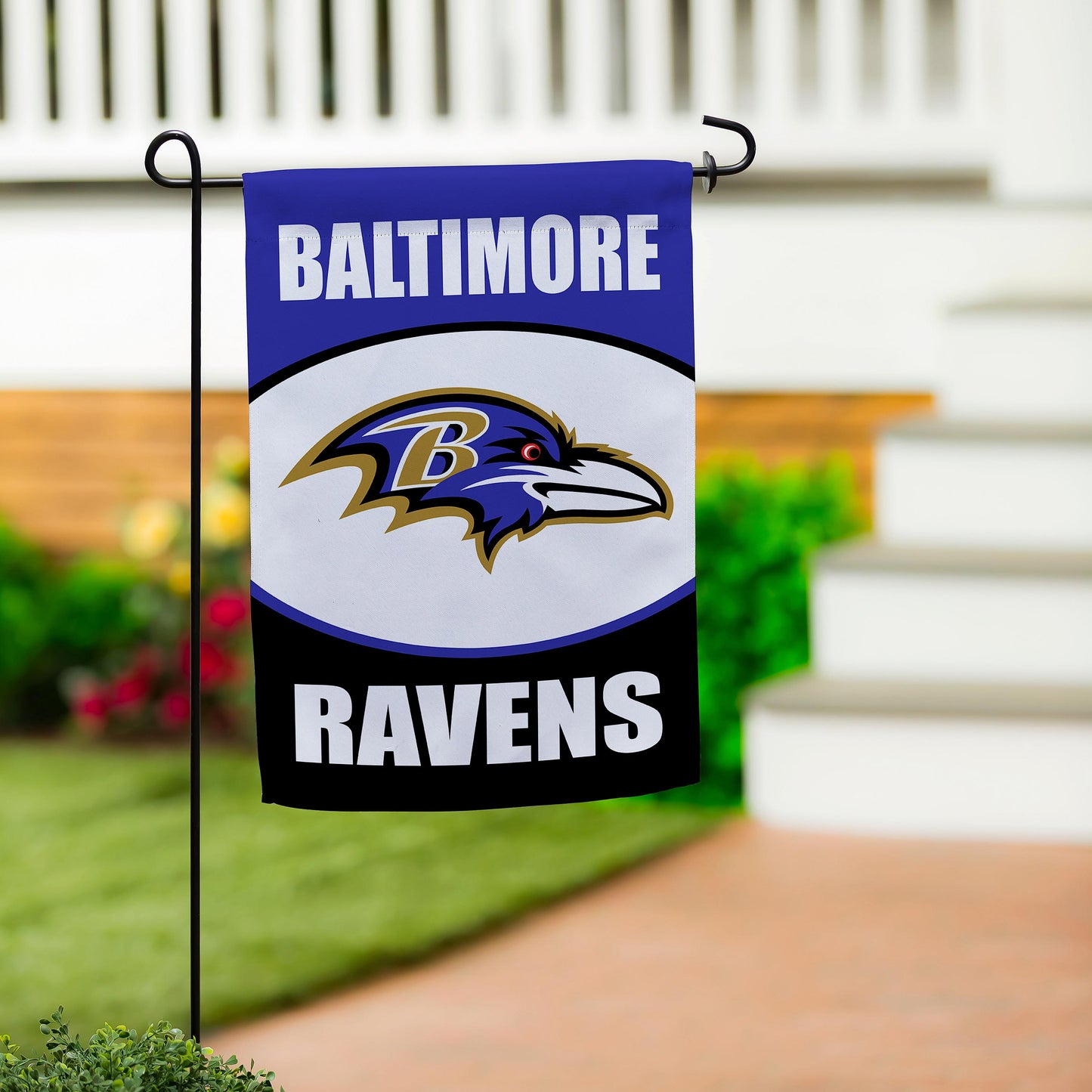 Baltimore Ravens suede garden flag blue with white BALTIMORE text and raven logo on Tampa Home & Garden Store