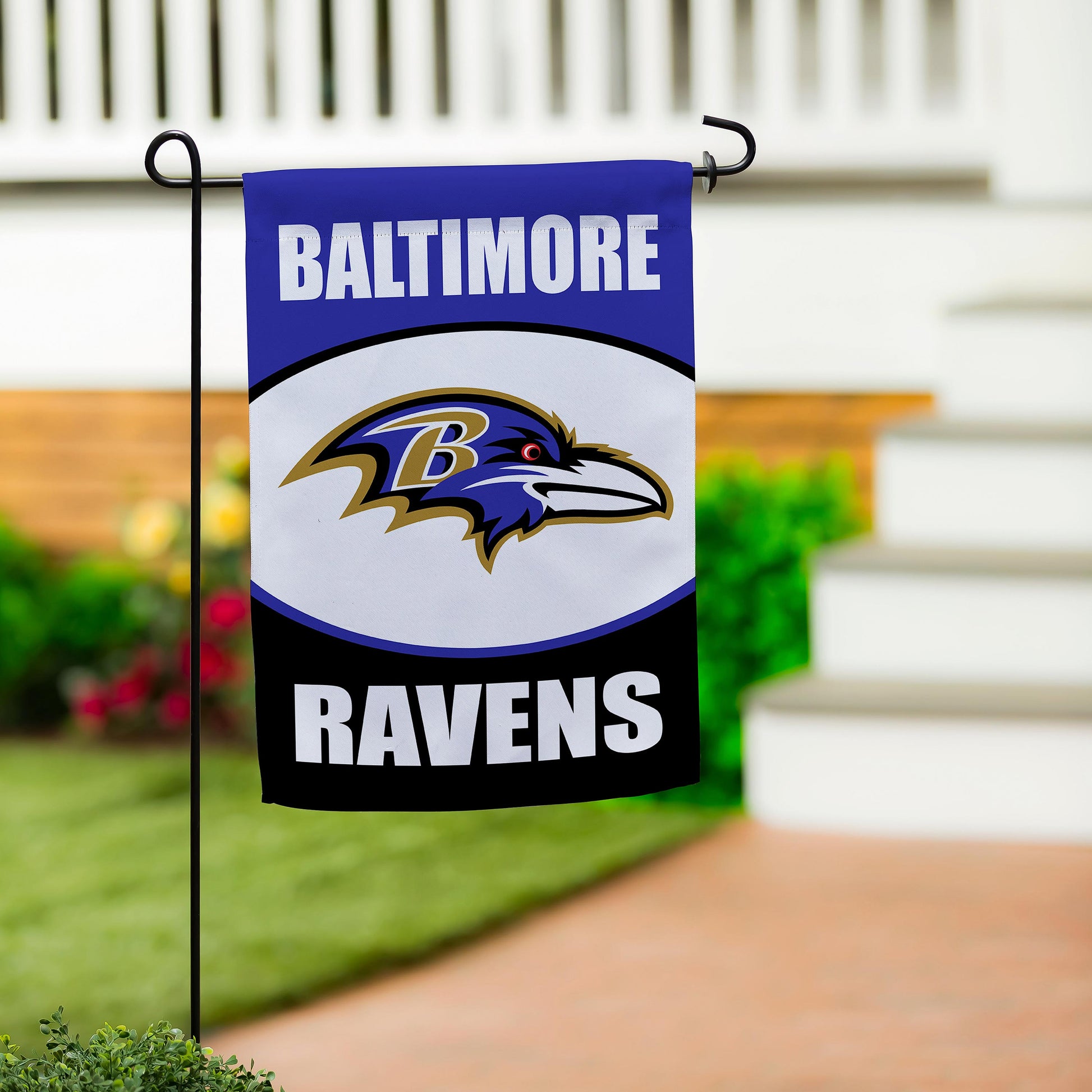 Baltimore Ravens suede garden flag blue with white BALTIMORE text and raven logo on Tampa Home & Garden Store