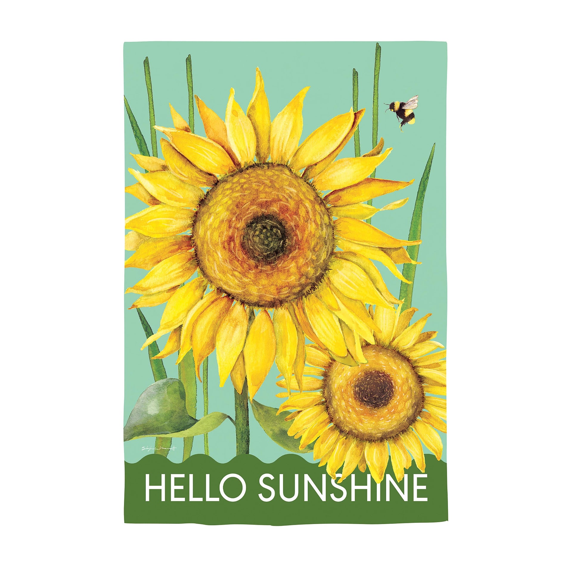Hello Sunshine Burlap House Flag with bright yellow sunflowers on teal background on Tampa Home & Garden Store