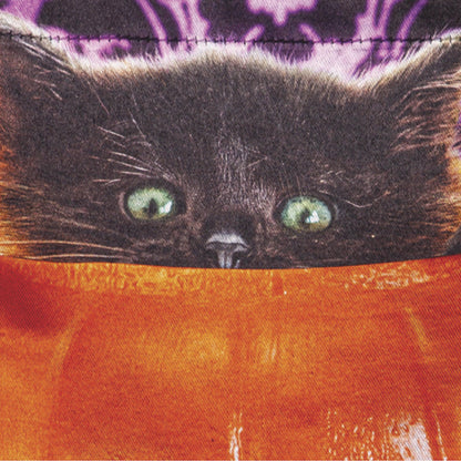 Kitten Jack O'Lantern Pumpkin Bucket Lustre Garden Flag with green eyes purple backdrop on Tampa Home & Garden Store