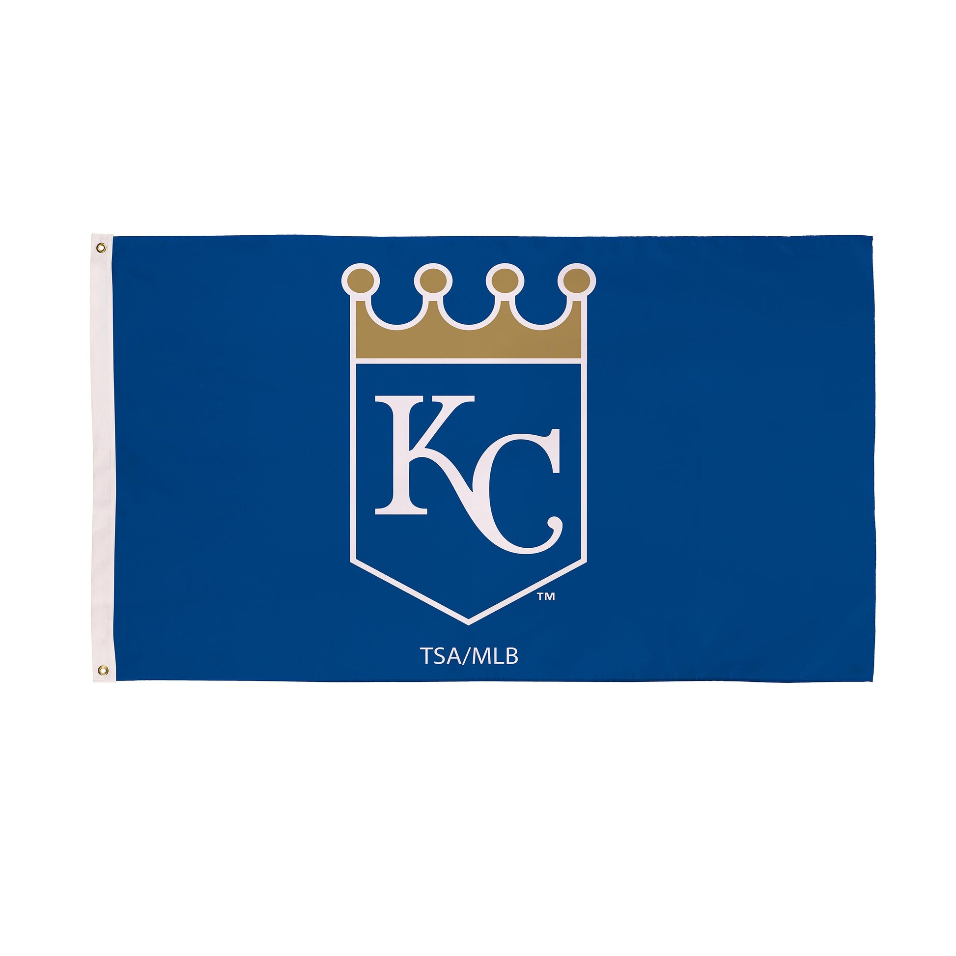 Kansas City Royals 3x5 sublimated flag, single-sided with two grommets on blue field crown logo on Tampa Home & Garden Store