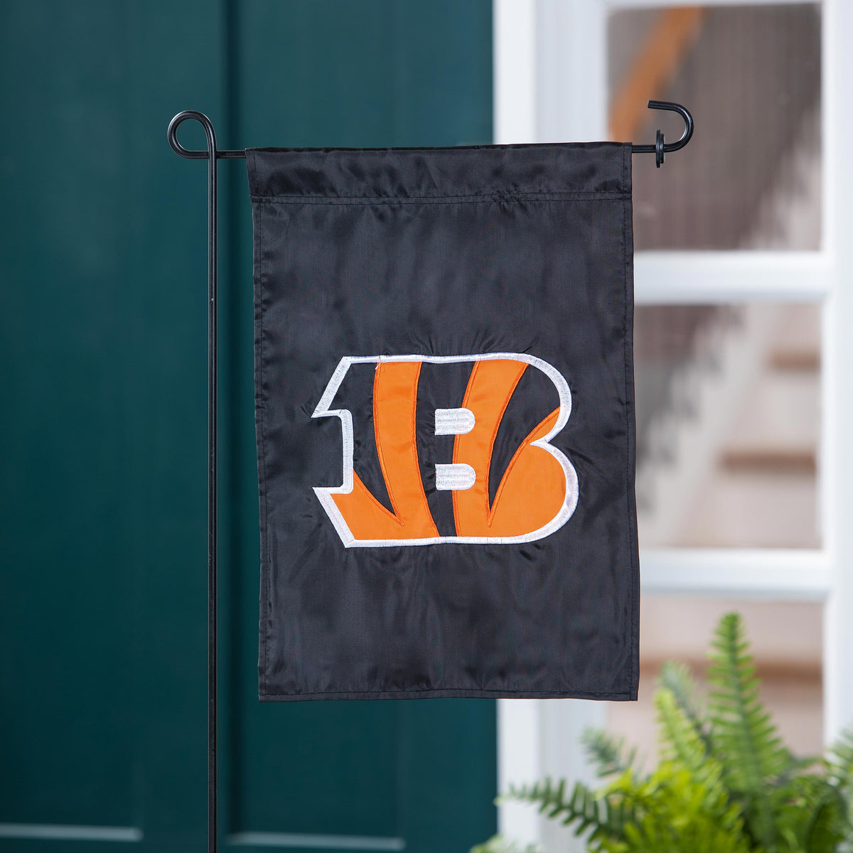 Applique Cincinnati Bengals garden flag with orange B logo on black background on Tampa Home & Garden Store