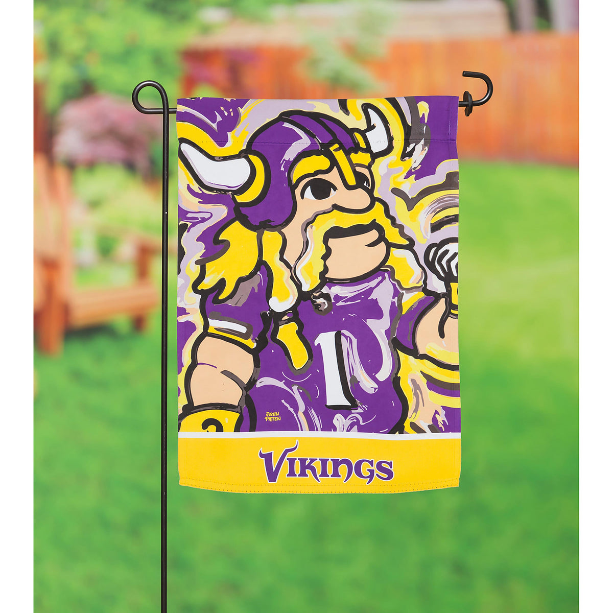 Minnesota Vikings suede garden flag with purple Viking design on a black metal stand on Tampa Home & Garden Store