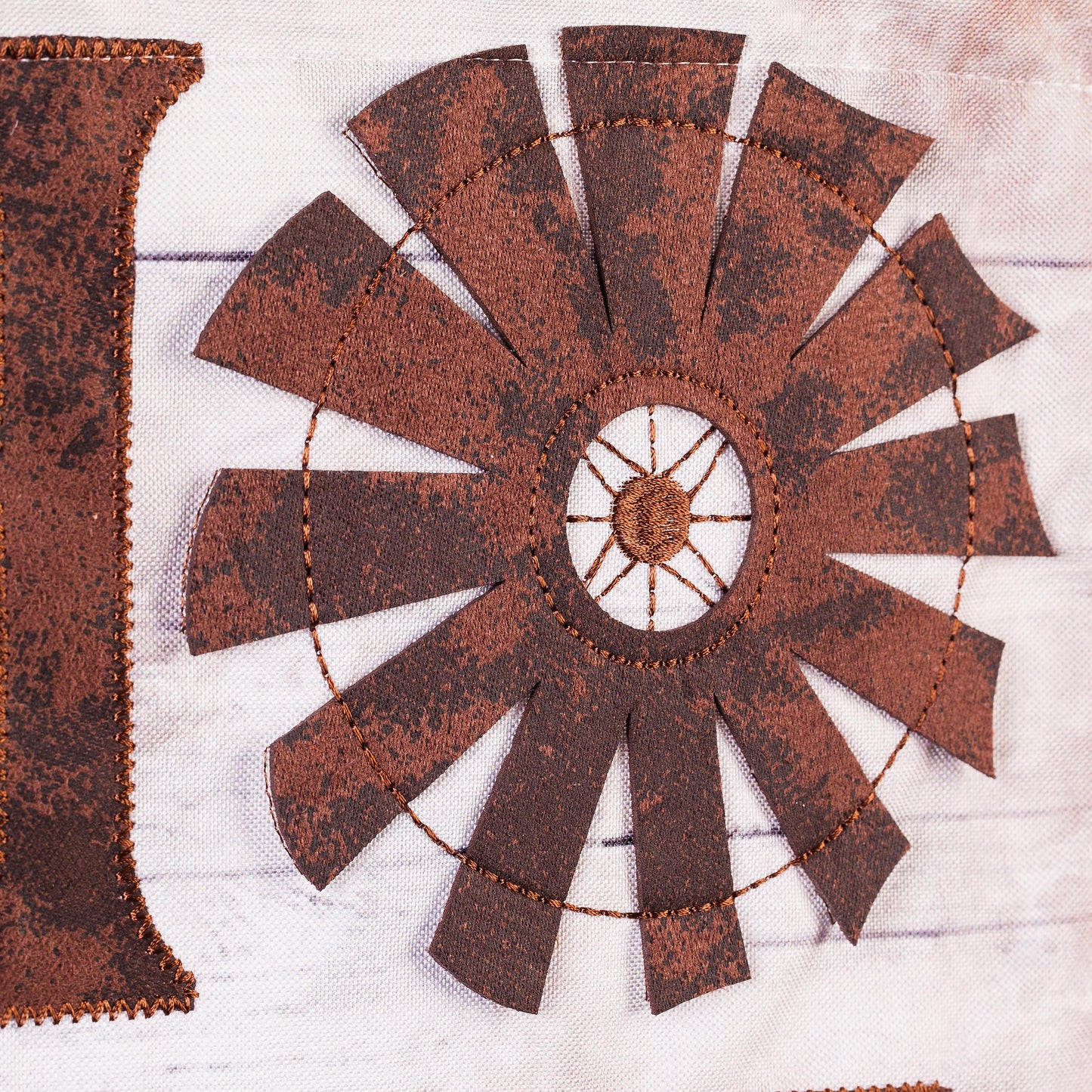 Windmill Home Sweet Home garden linen flag with brown patchwork panels on linen background on Tampa Home & Garden Store