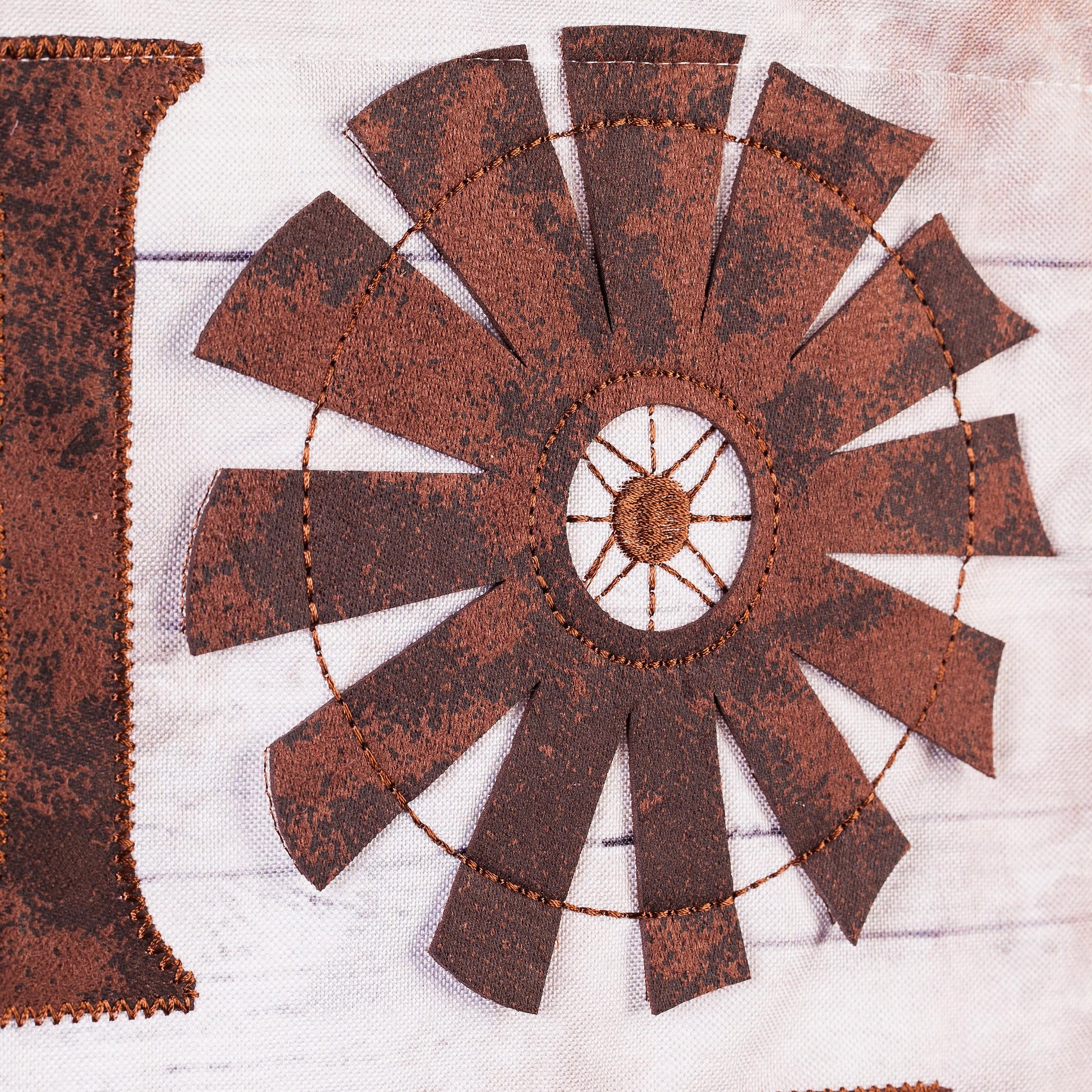Windmill Home Sweet Home garden linen flag with brown patchwork panels on linen background on Tampa Home & Garden Store