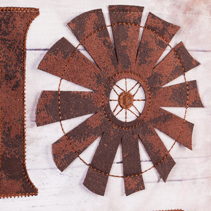 Windmill Home Sweet Home garden linen flag with brown patchwork panels on linen background on Tampa Home & Garden Store