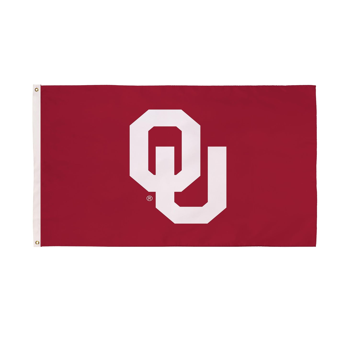 University of Oklahoma single-sided flag 3x5 in crimson with white OU monogram, grommet edge on Tampa Home & Garden Store