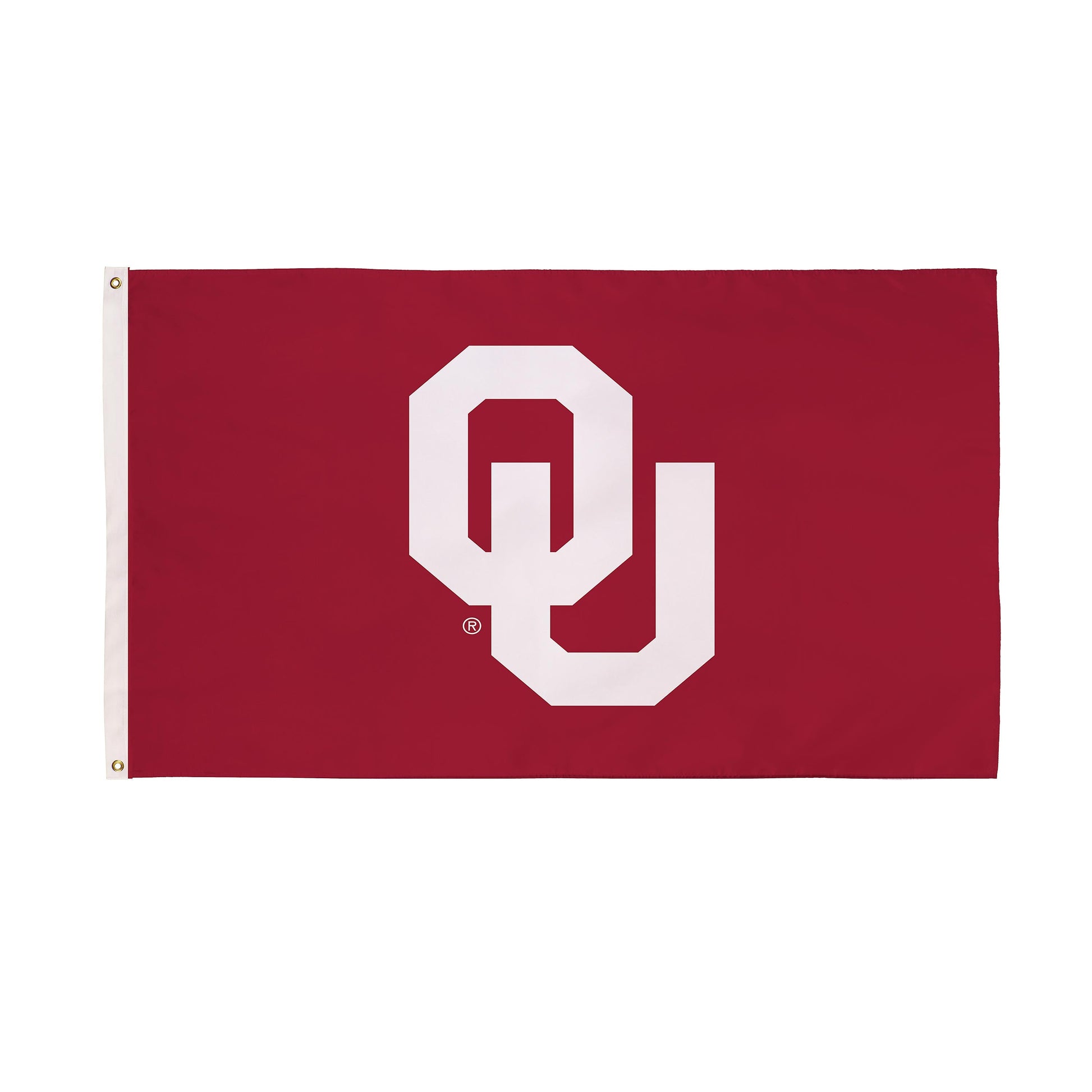 University of Oklahoma single-sided flag 3x5 in crimson with white OU monogram, grommet edge on Tampa Home & Garden Store