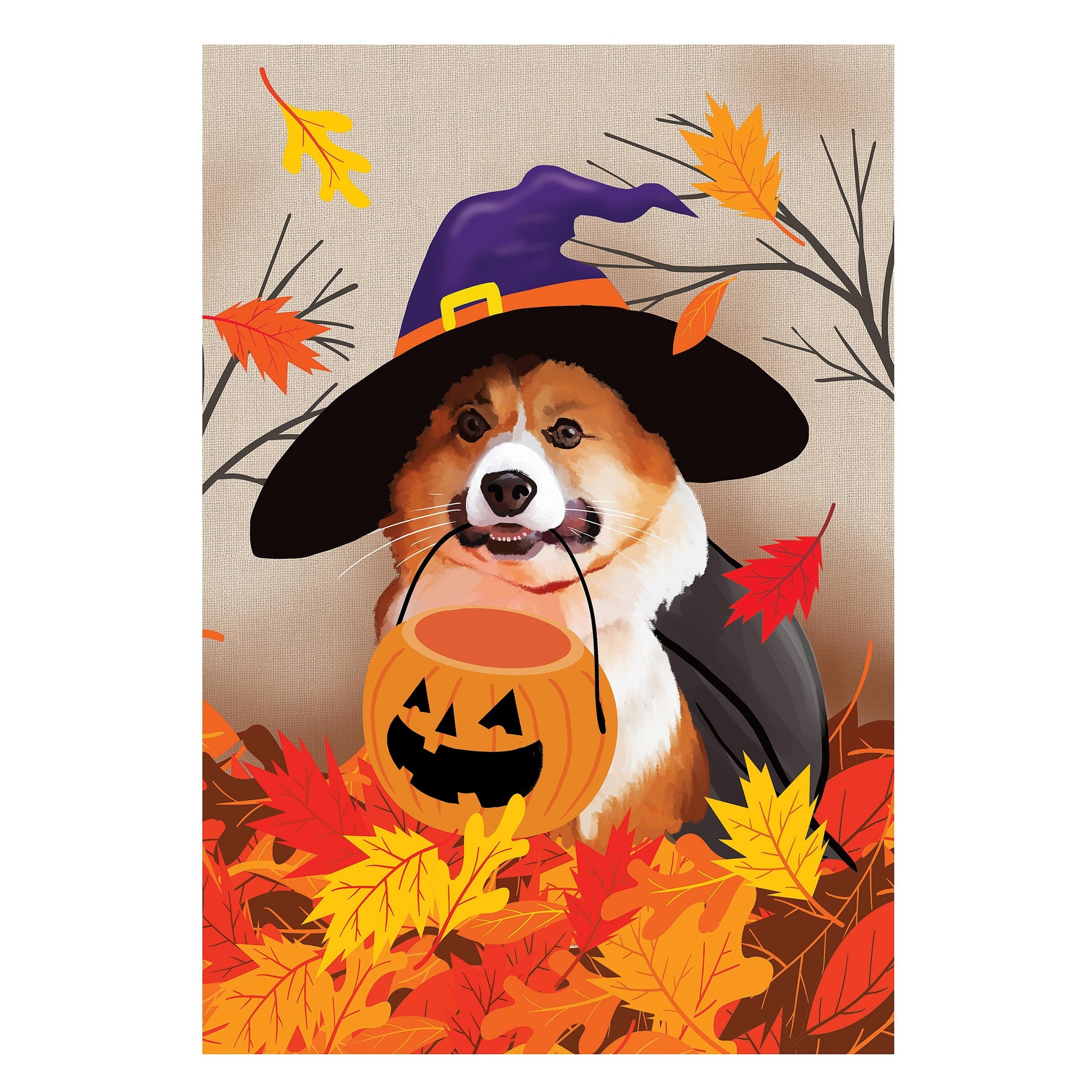 Corgi Fall Suede House Flag with a purple witch hat and orange pumpkins on burlap on Tampa Home & Garden Store