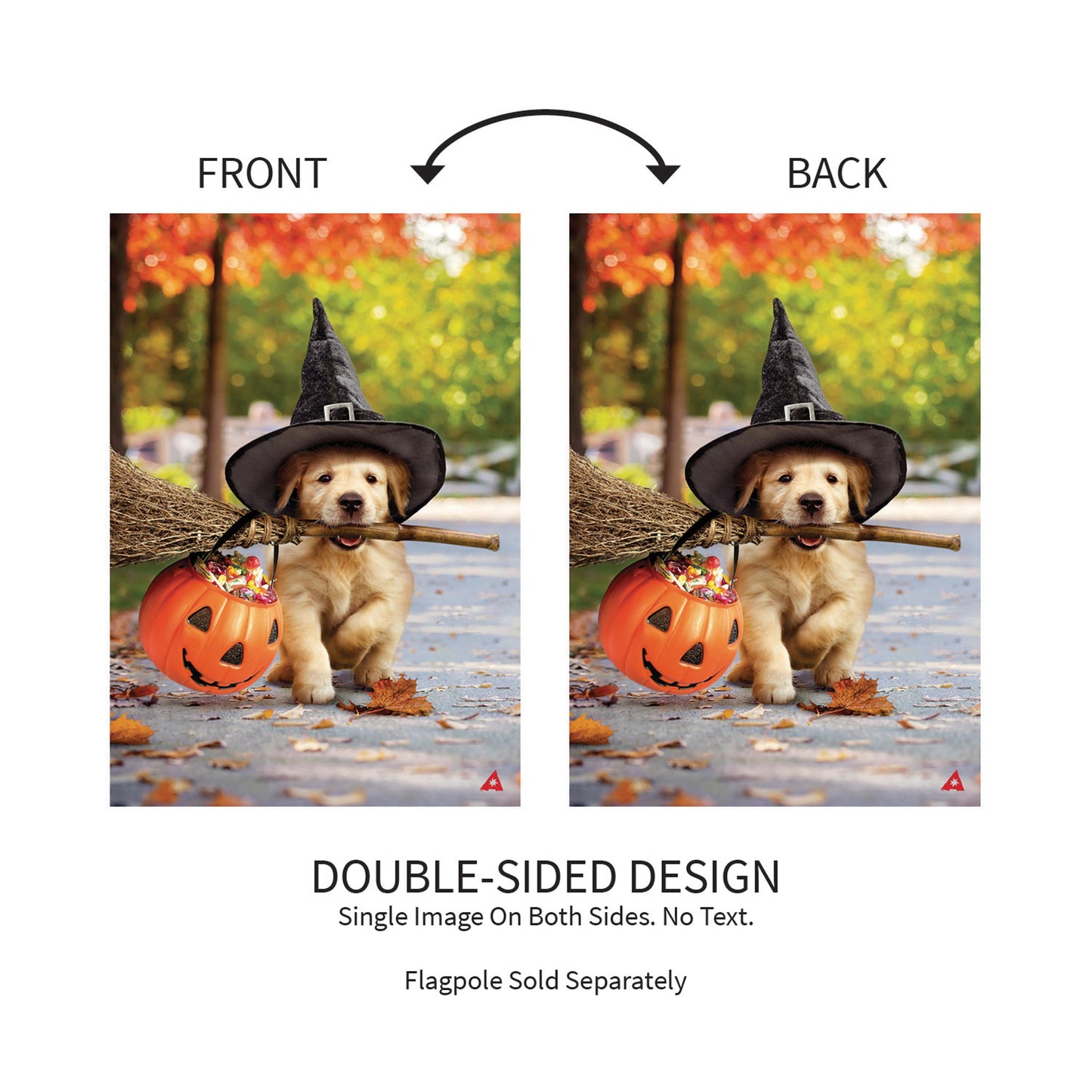 Goldens With Broom Suede Garden Flag dog with witch hat and pumpkin by Evergreen Ent. on Tampa Home & Garden Store