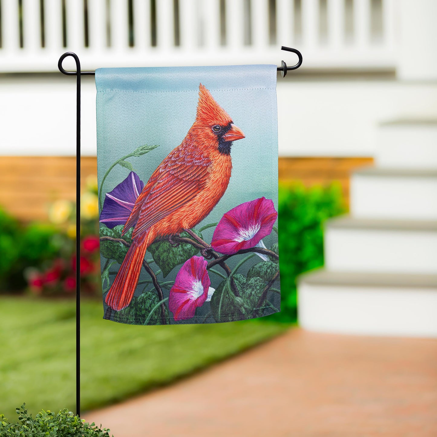 Cardinal on Morning Glory suede garden flag blue background on black stand on Tampa Home & Garden Store
