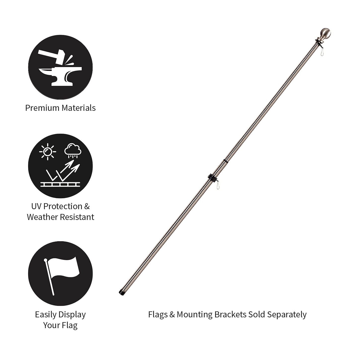 Extendable Metal House Flag Pole with stainless steel finish, Evergreen Enterprises on Tampa Home & Garden Store
