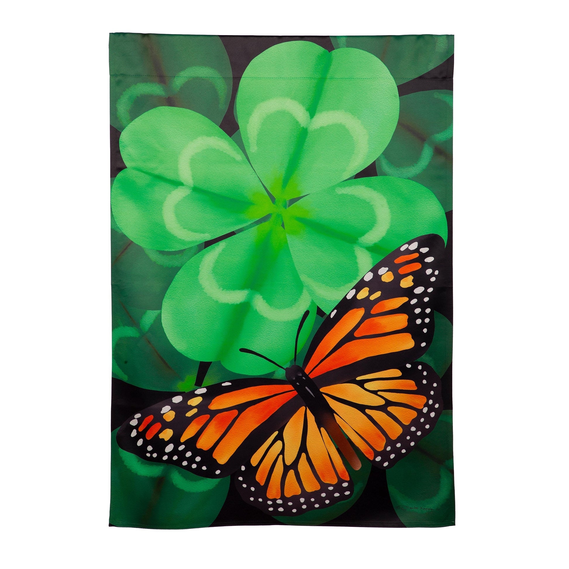 Butterfly Clover Suede House Flag with bright green clover leaves and orange butterfly wings on Tampa Home & Garden Store